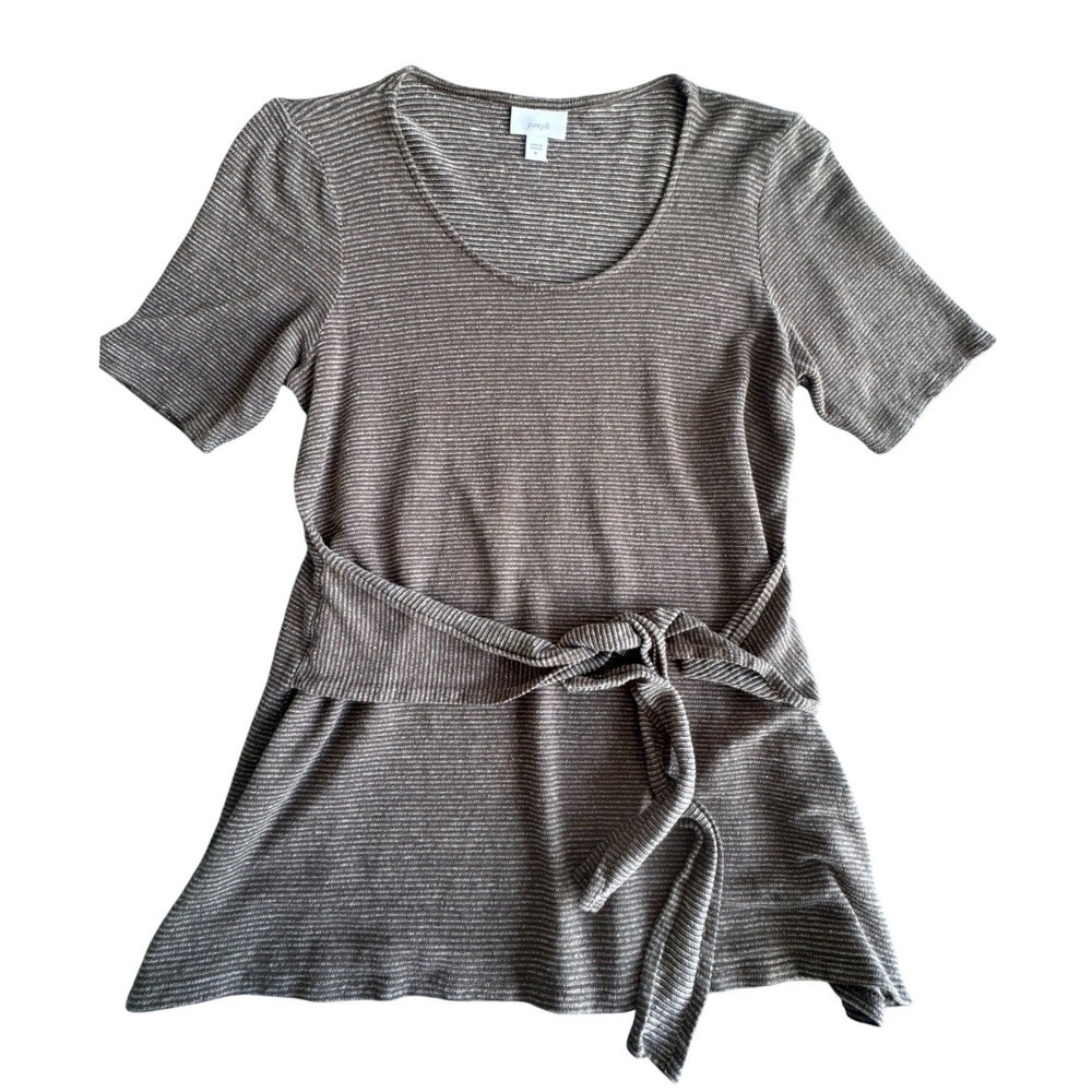 Pure Jill J Jill Linen Blend Striped Tie Waist Tunic Top Brown White Womens M